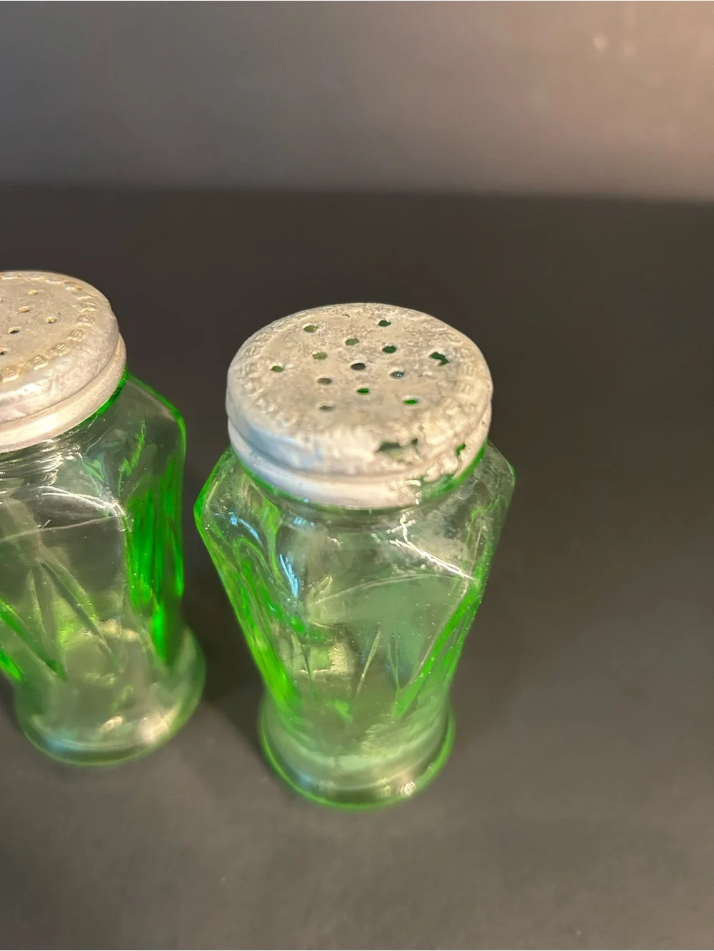 Hazel Atlas Green Uranium Glass Salt & Pepper Shakers